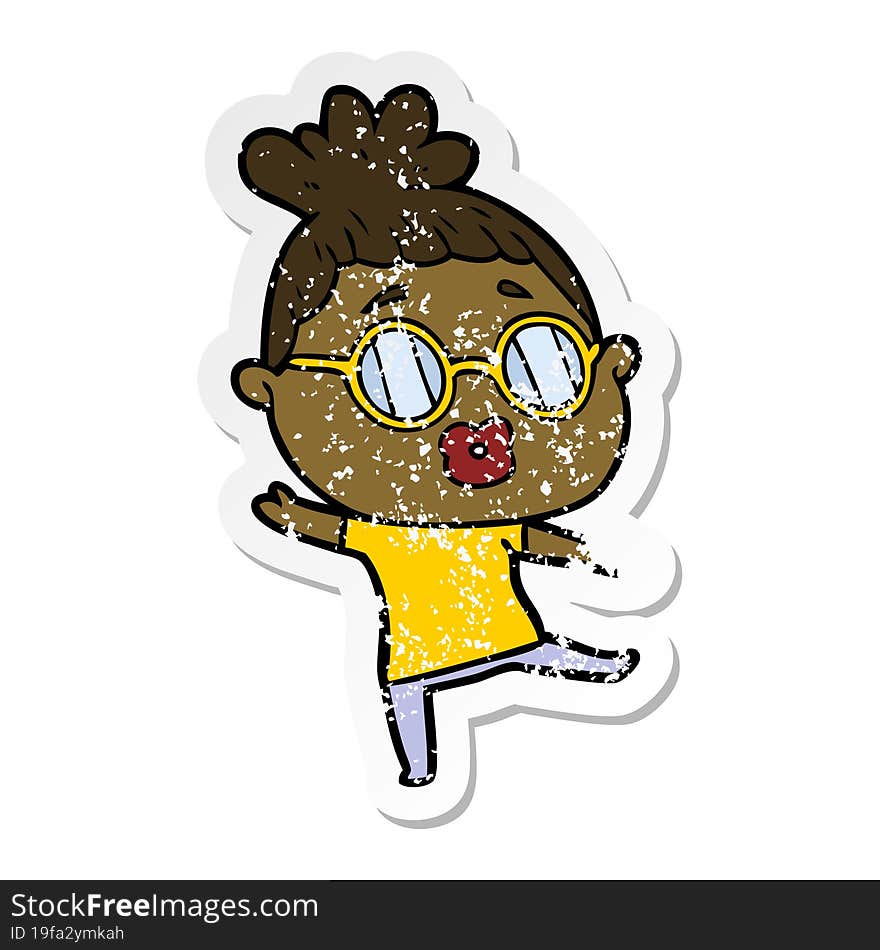 Distressed Sticker Of A Cartoon Woman Dancing Wearing Spectacles