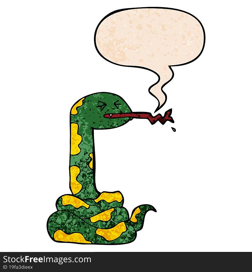 cartoon hissing snake and speech bubble in retro texture style