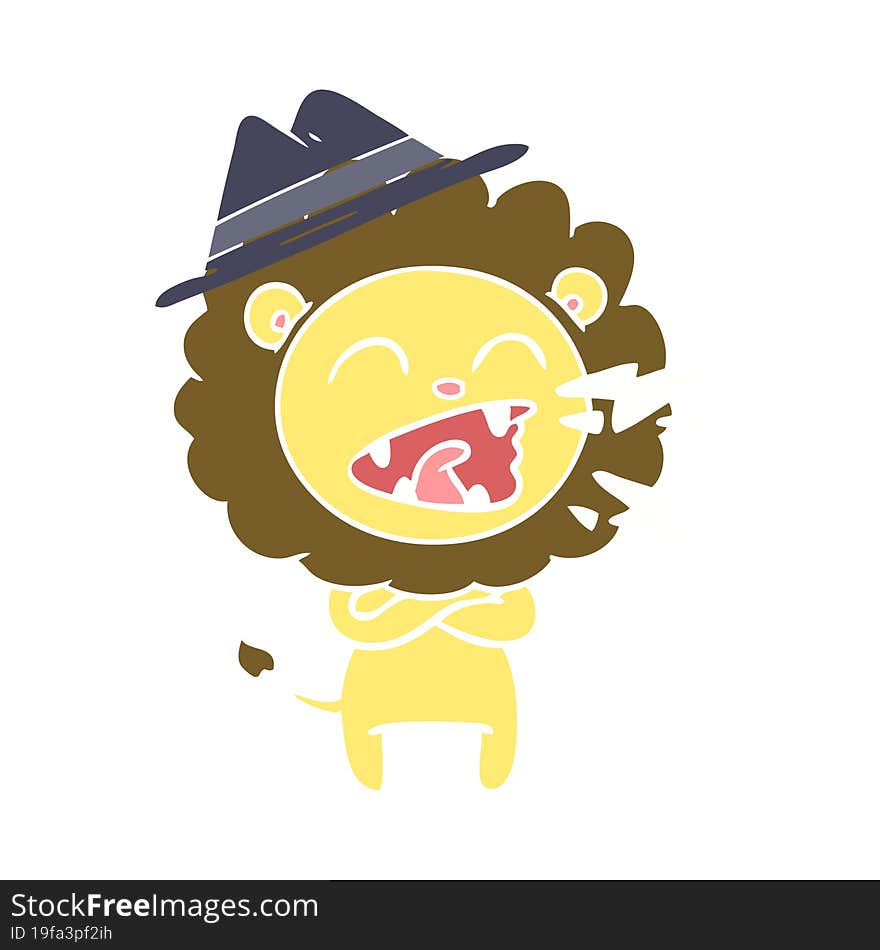 flat color style cartoon roaring lion wearing hat