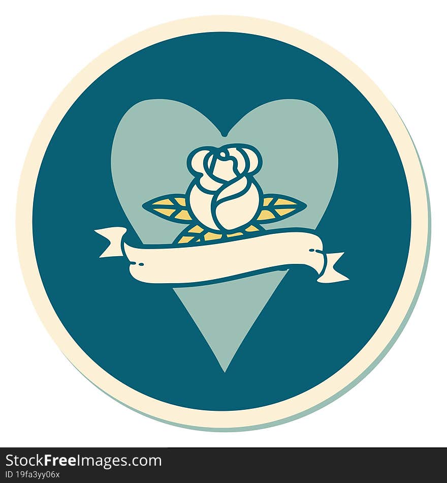 tattoo style sticker of a heart rose and banner