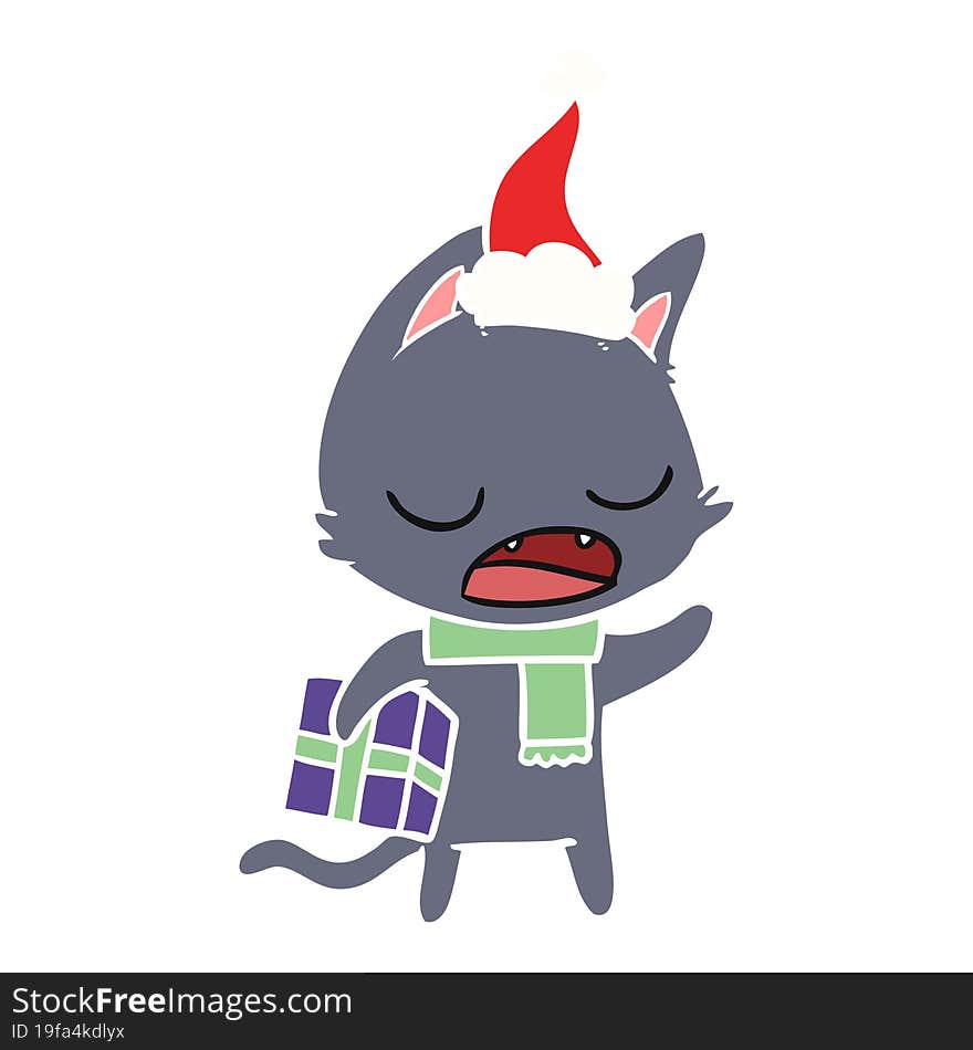 talking cat flat color illustration of a wearing santa hat