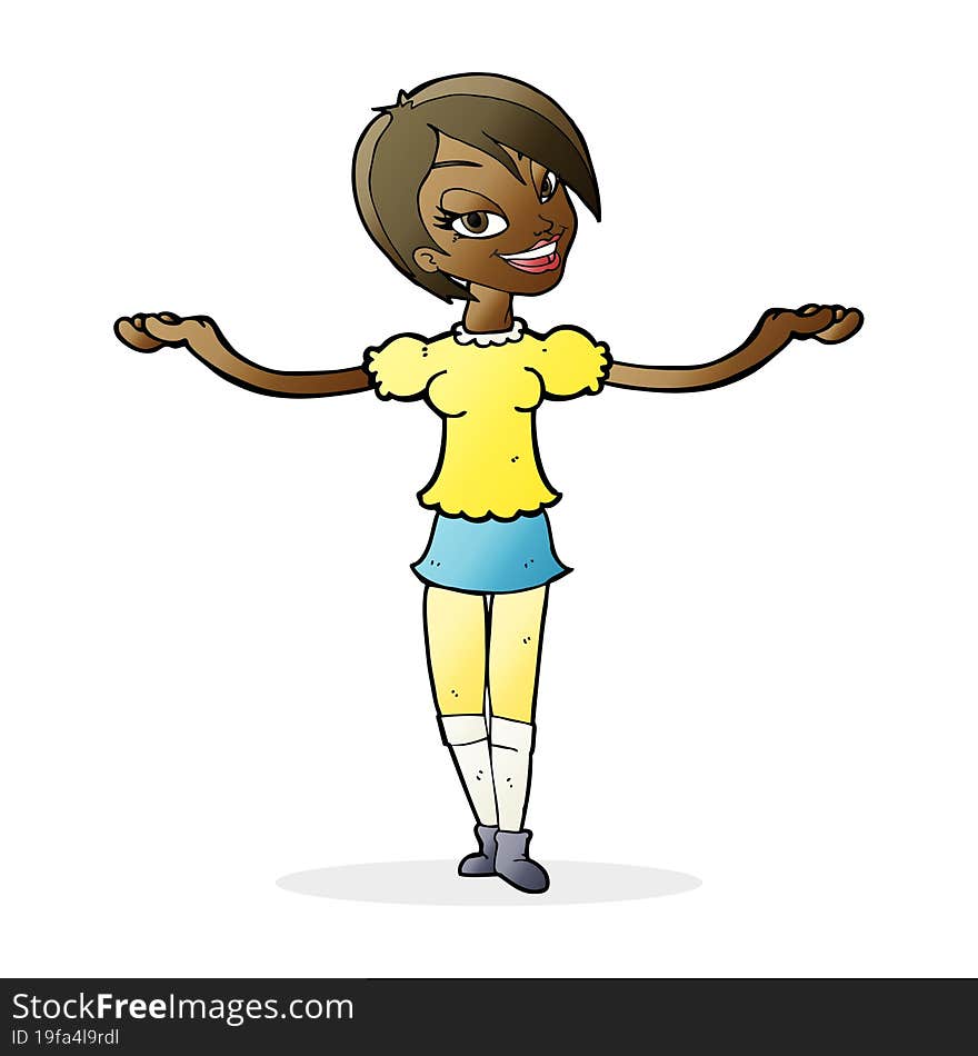 cartoon woman making open arm gesture