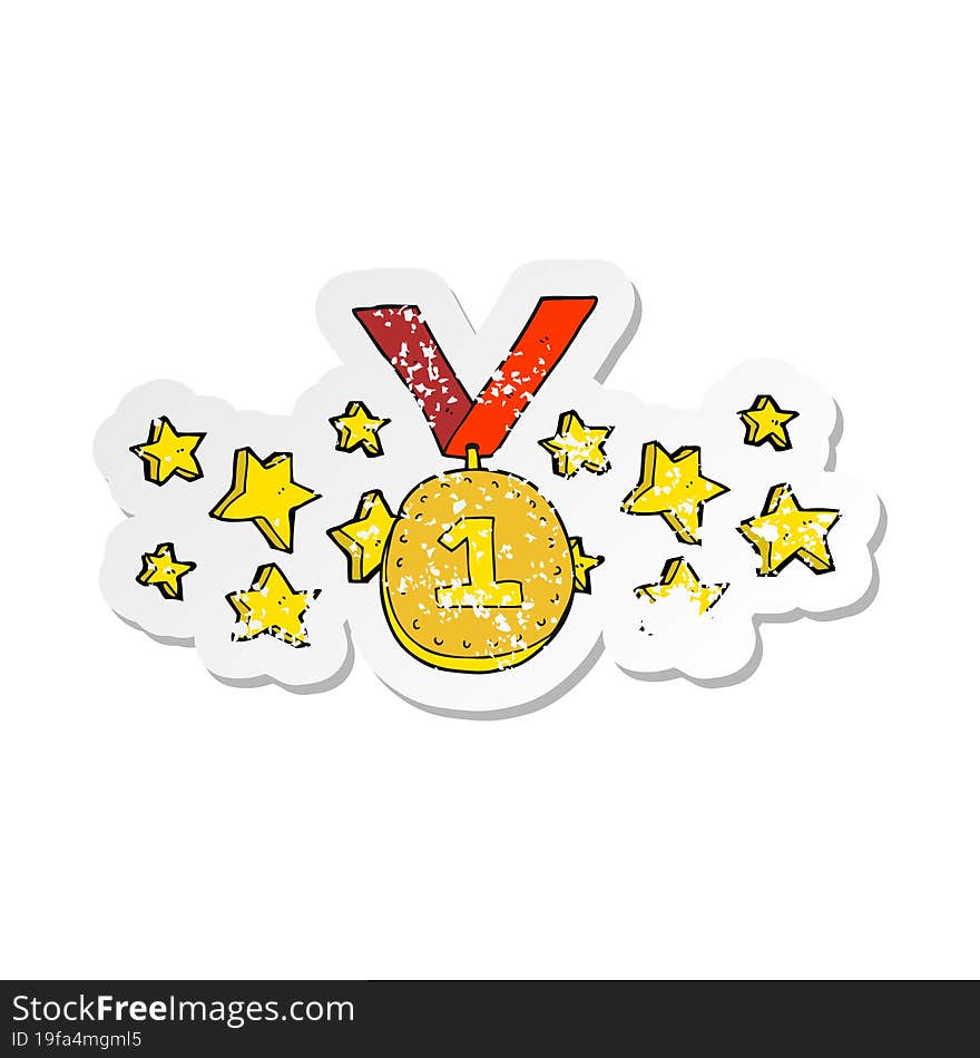 retro distressed sticker of a cartoon first place medal