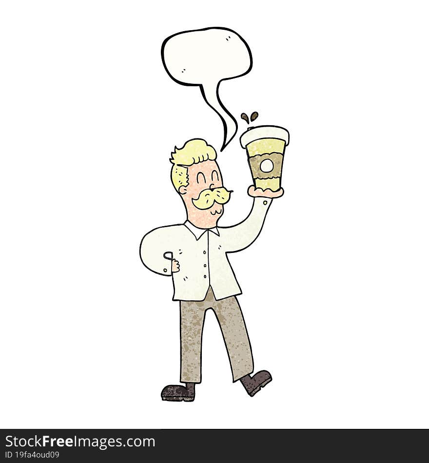 freehand speech bubble textured cartoon man with coffee cups