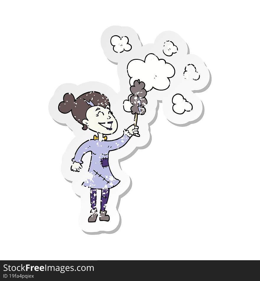 retro distressed sticker of a cartoon zombie woman dusting