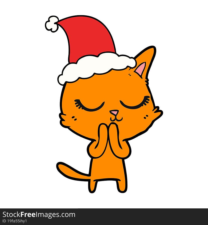 Calm Line Drawing Of A Cat Wearing Santa Hat