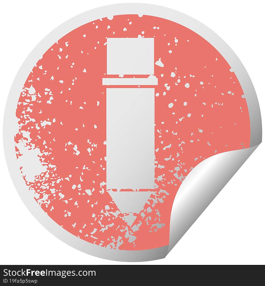 distressed circular peeling sticker symbol of a of a pencil