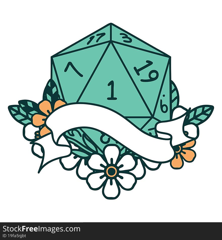 Retro Tattoo Style natural one d20 dice roll. Retro Tattoo Style natural one d20 dice roll