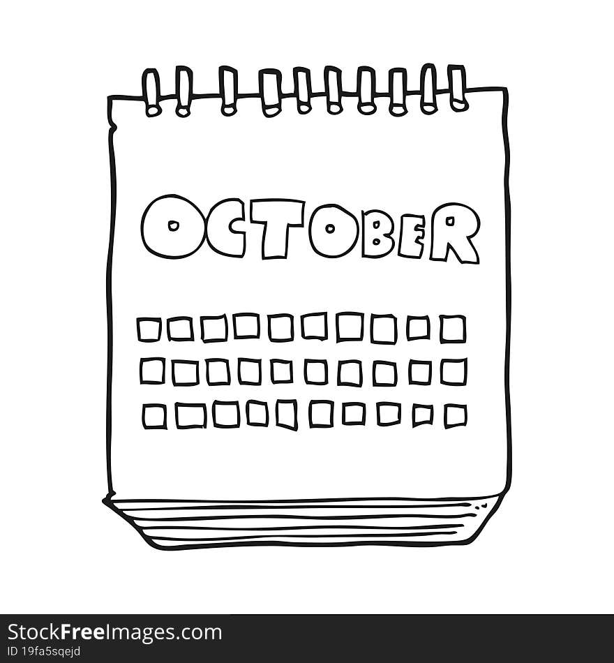 black and white cartoon calendar showing month of october