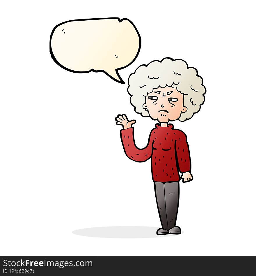 Cartoon Annoyed Old Woman Waving With Speech Bubble