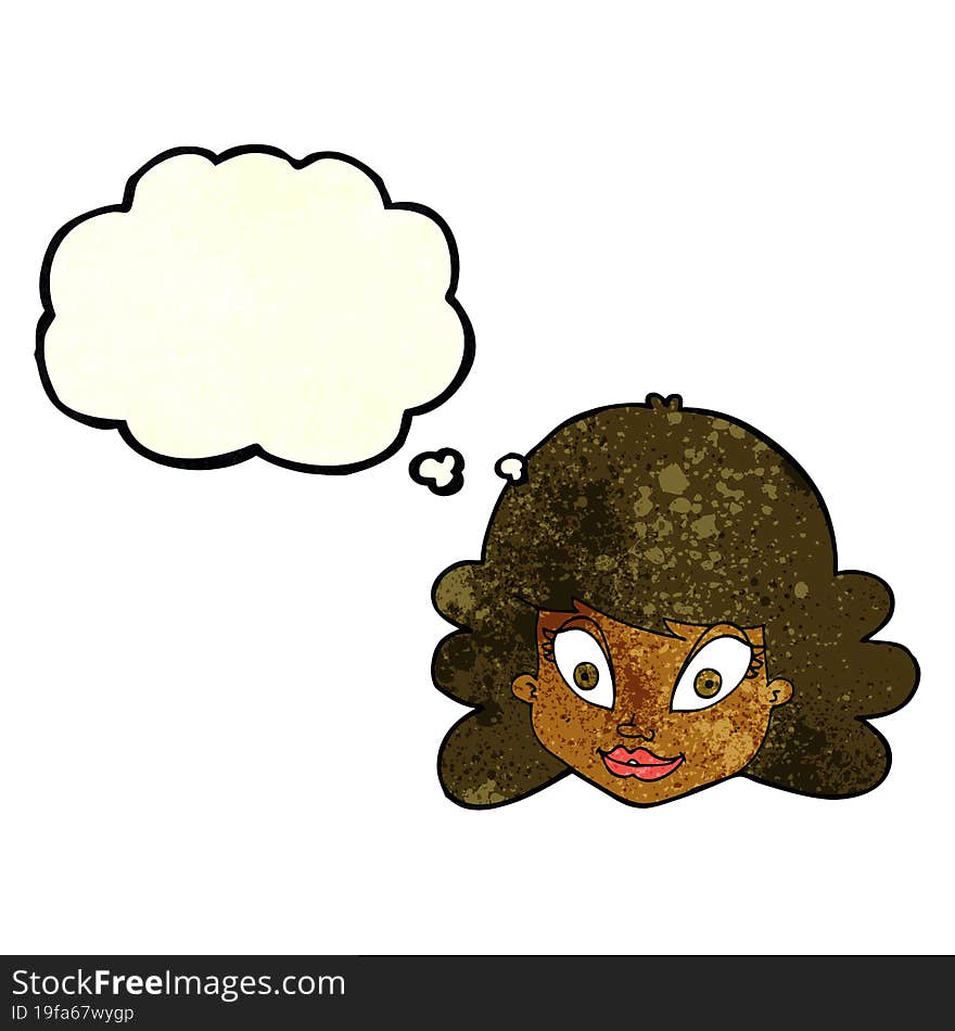 cartoon happy female face with thought bubble