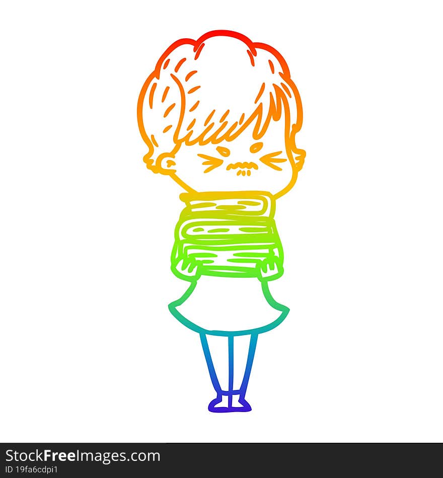 rainbow gradient line drawing cartoon frustrated woman