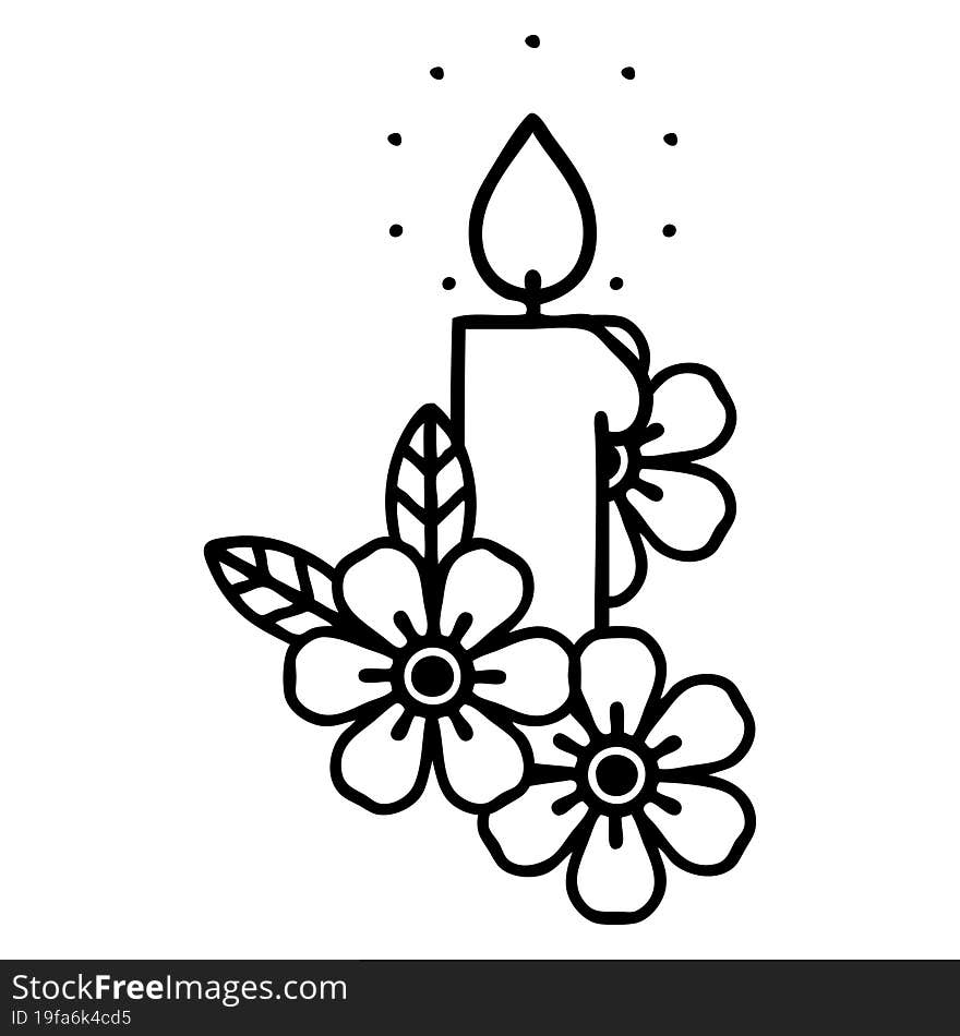 black line tattoo of a candle and flowers