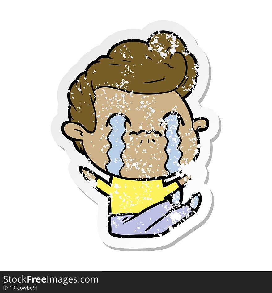 distressed sticker of a cartoon man crying