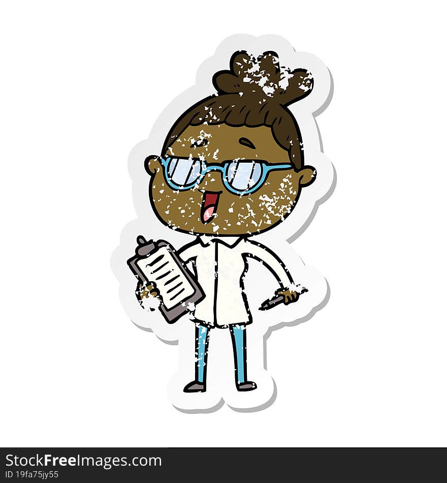 Distressed Sticker Of A Cartoon Happy Woman Wearing Spectacles