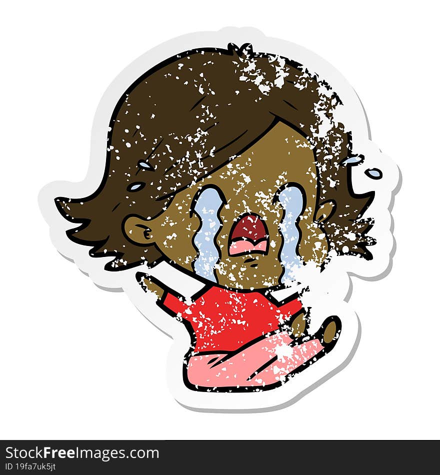 distressed sticker of a cartoon woman crying