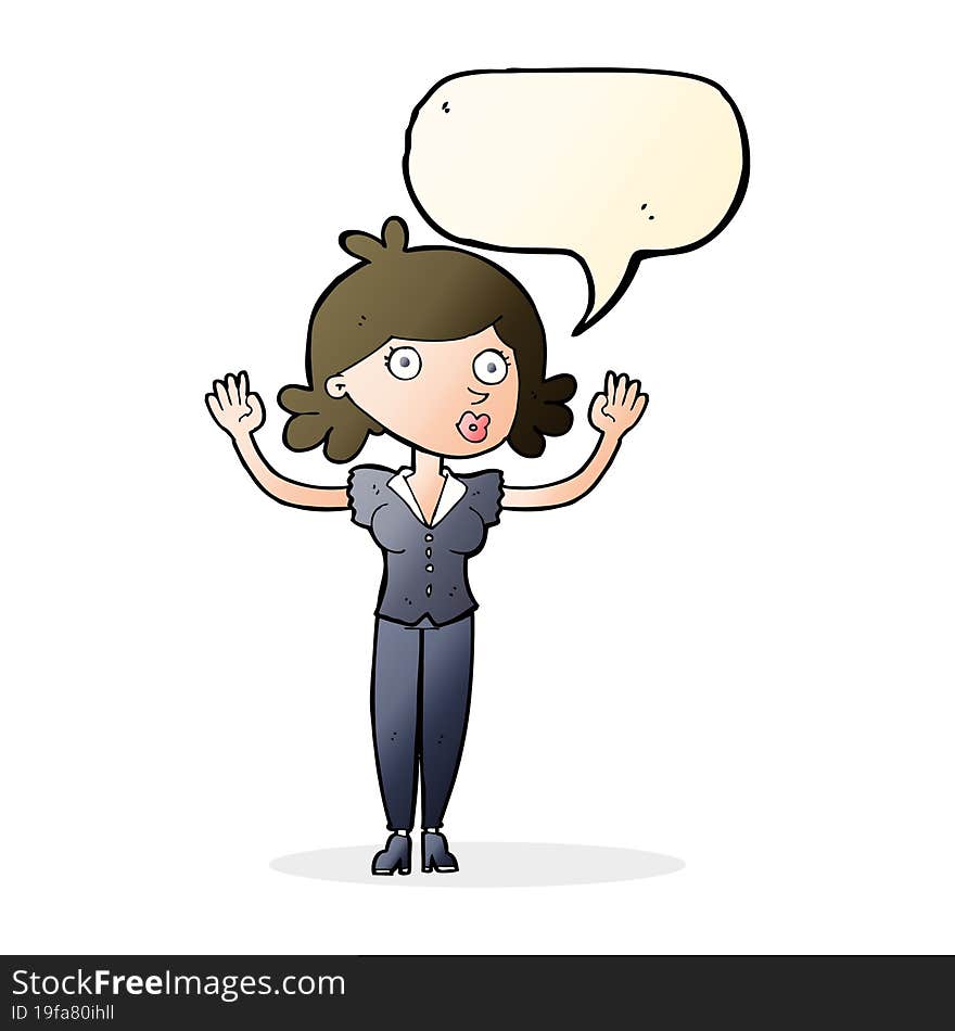 cartoon woman surrendering with speech bubble