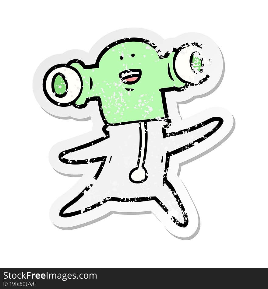 distressed sticker of a friendly cartoon alien