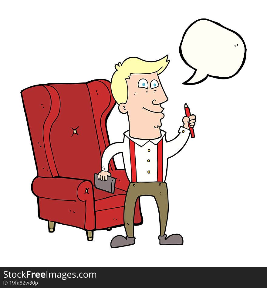 speech bubble cartoon man with notebook and pen