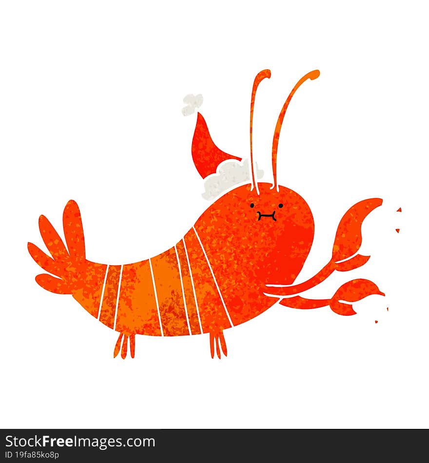 Retro Cartoon Of A Lobster Wearing Santa Hat