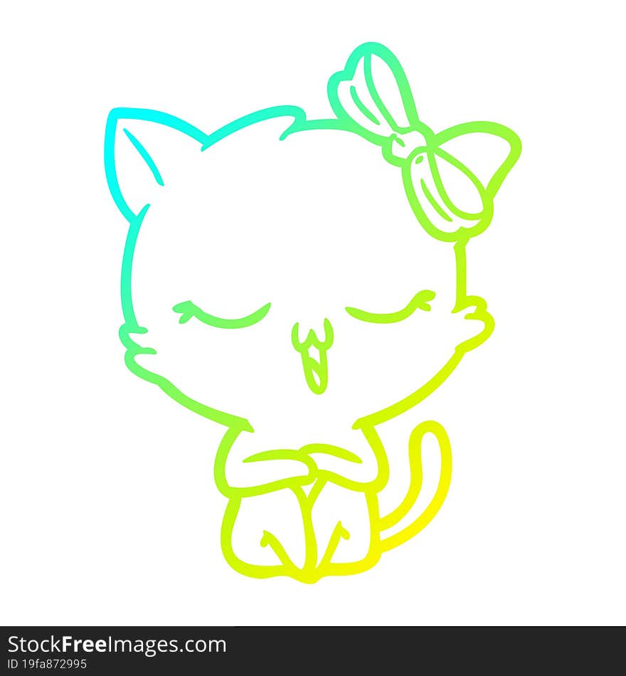 cold gradient line drawing cartoon cat with bow on head