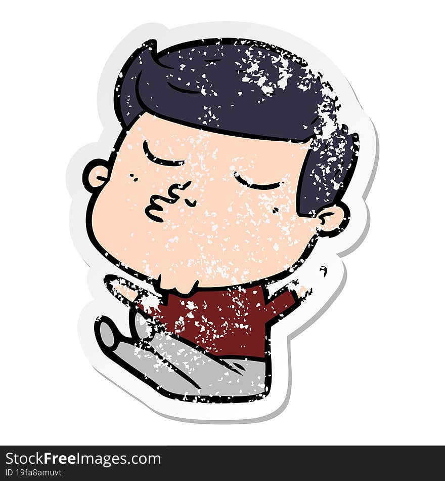 distressed sticker of a cartoon model guy pouting