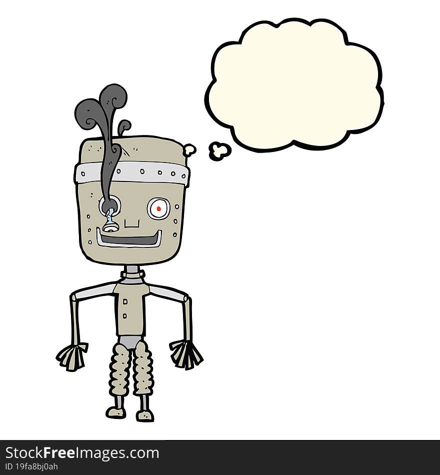 cartoon malfunctioning robot with thought bubble