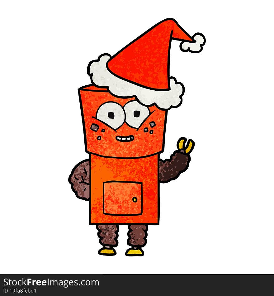 happy textured cartoon of a robot waving hello wearing santa hat