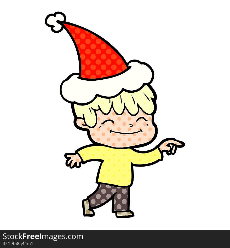 Comic Book Style Illustration Of A Happy Boy Wearing Santa Hat