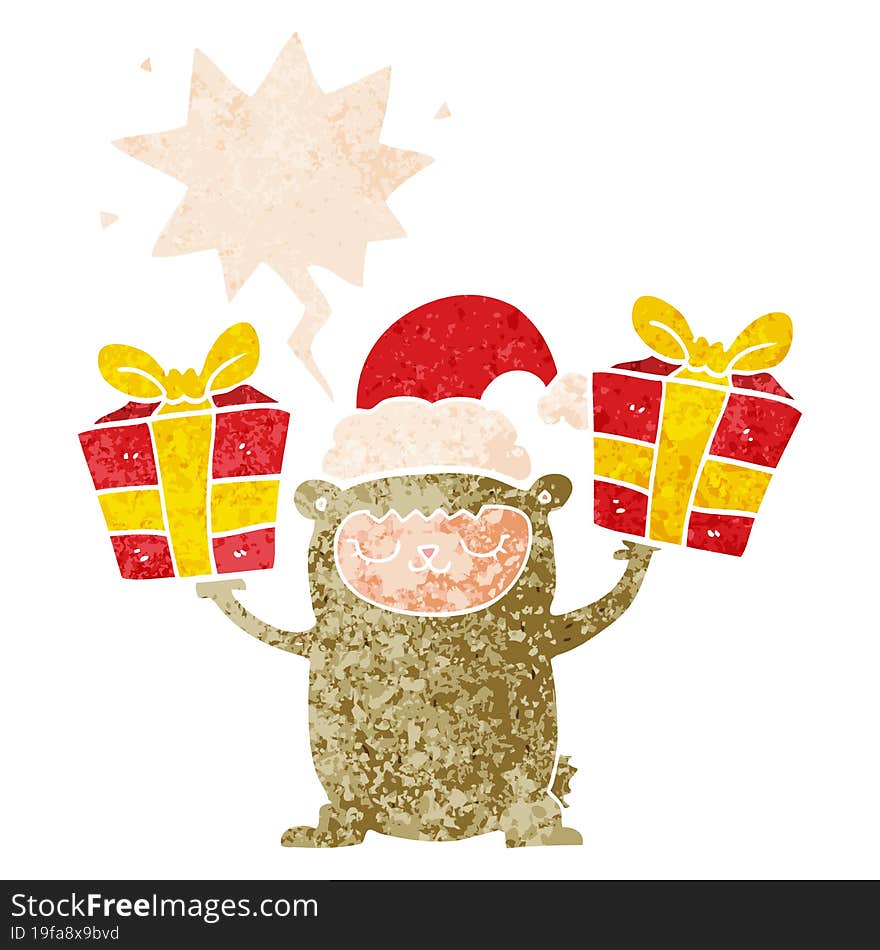 Cartoon Christmas Bear And Speech Bubble In Retro Textured Style