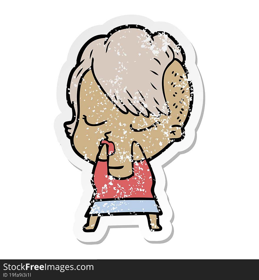 Distressed Sticker Of A Cartoon Pretty Hipster Girl