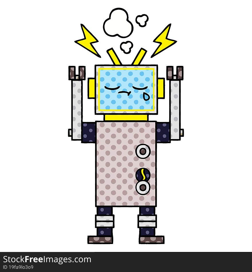 comic book style cartoon of a crying robot