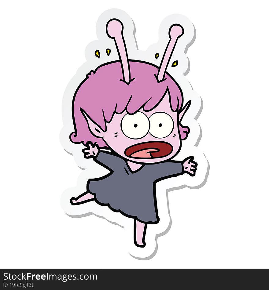 sticker of a cartoon shocked alien girl