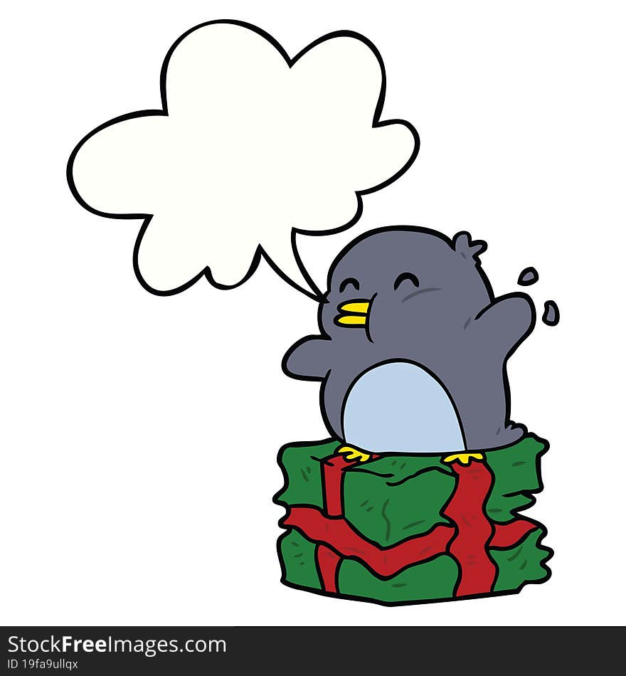 cartoon penguin on wrapped present and speech bubble