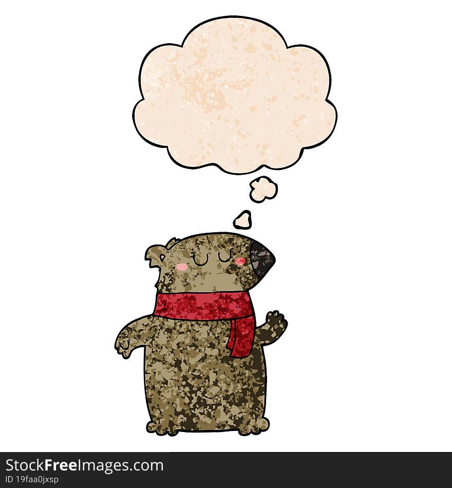 cartoon bear with scarf and thought bubble in grunge texture pattern style