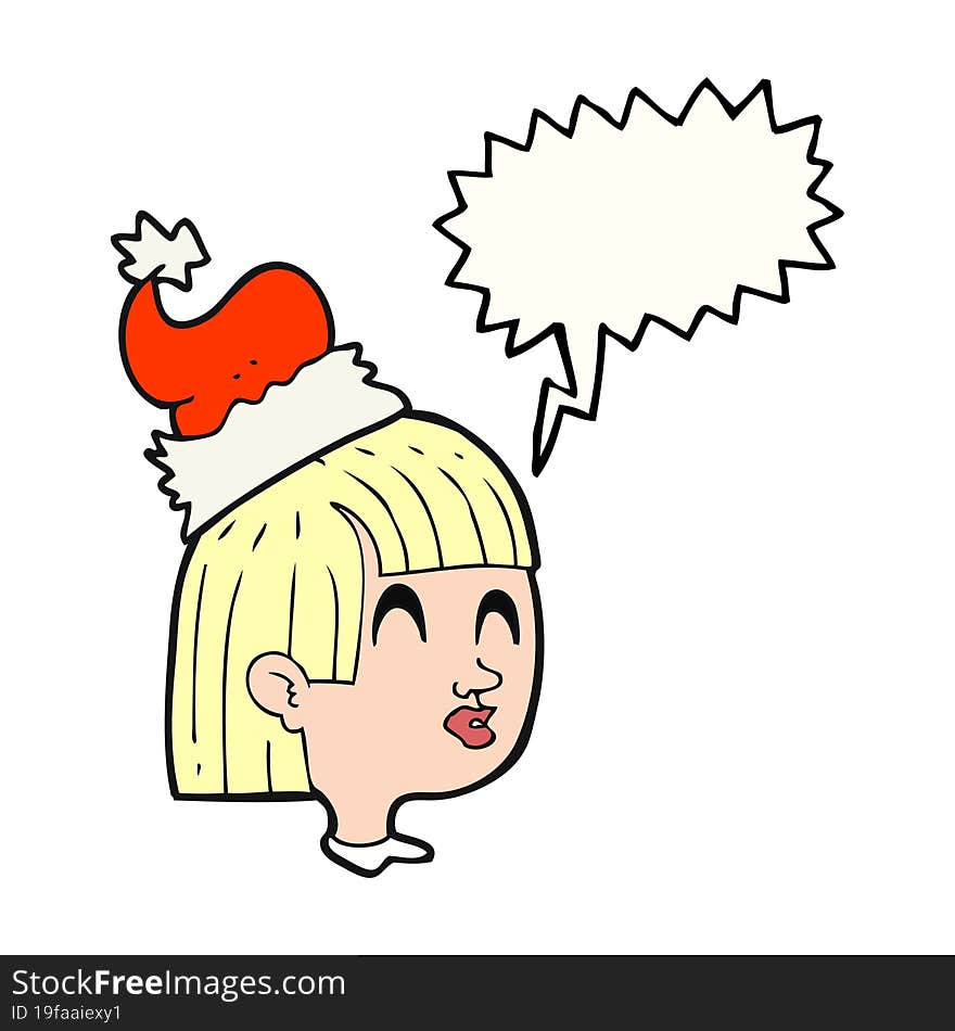 Speech Bubble Cartoon Girl Wearing Santa Hat