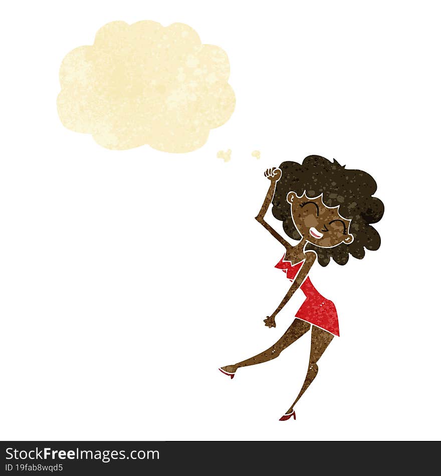 cartoon dancing woman with thought bubble