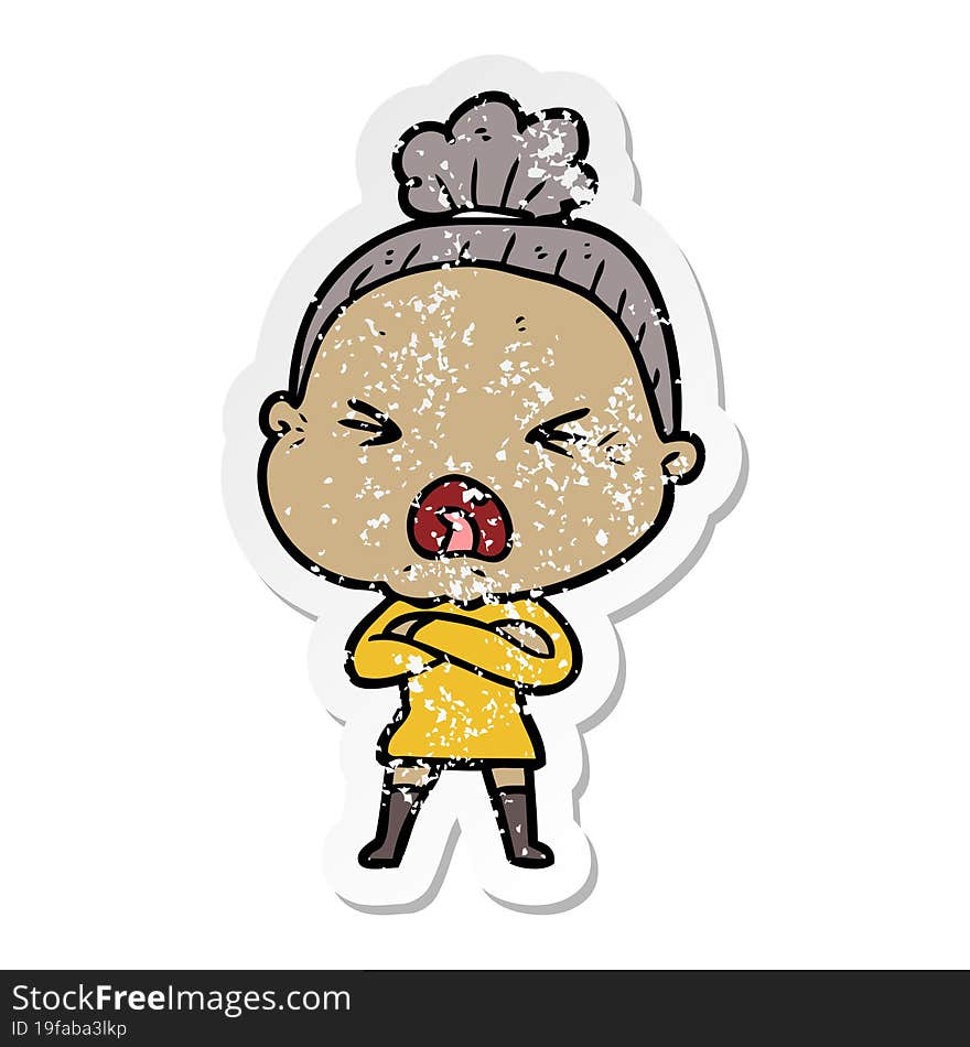 distressed sticker of a cartoon angry old woman