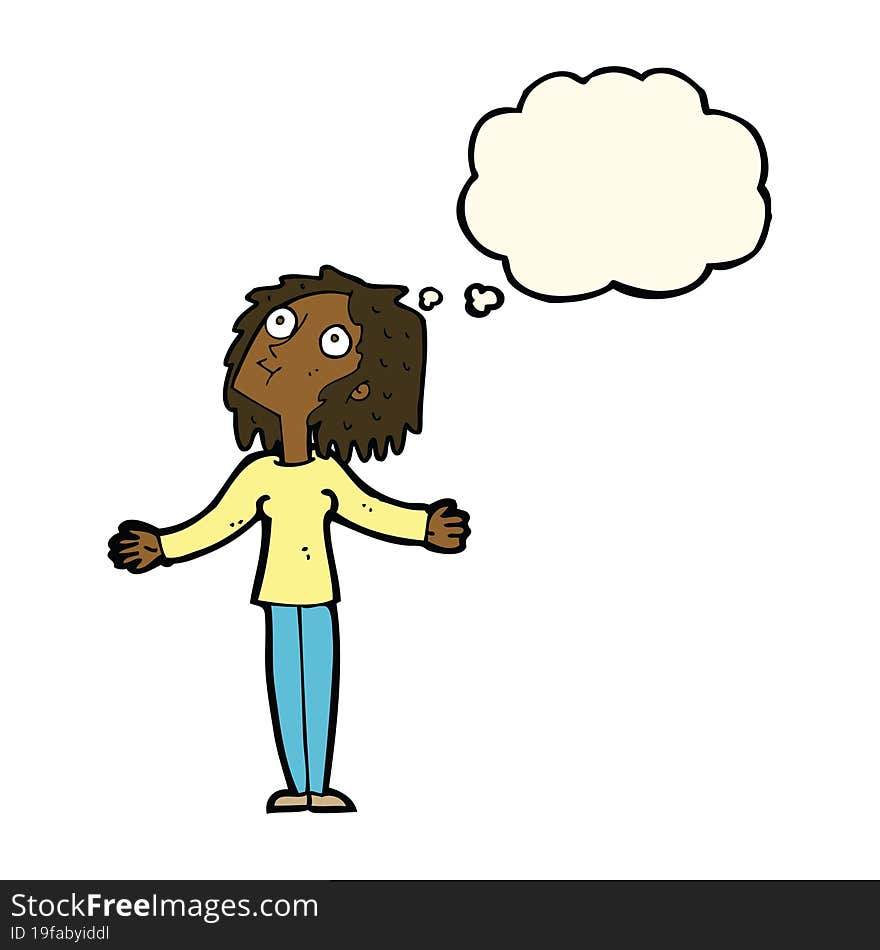 Cartoon Curious Woman Looking Upwards With Thought Bubble