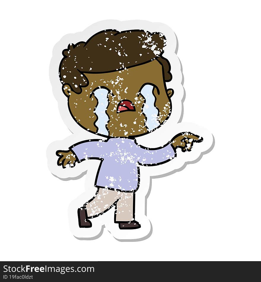 distressed sticker of a cartoon man crying