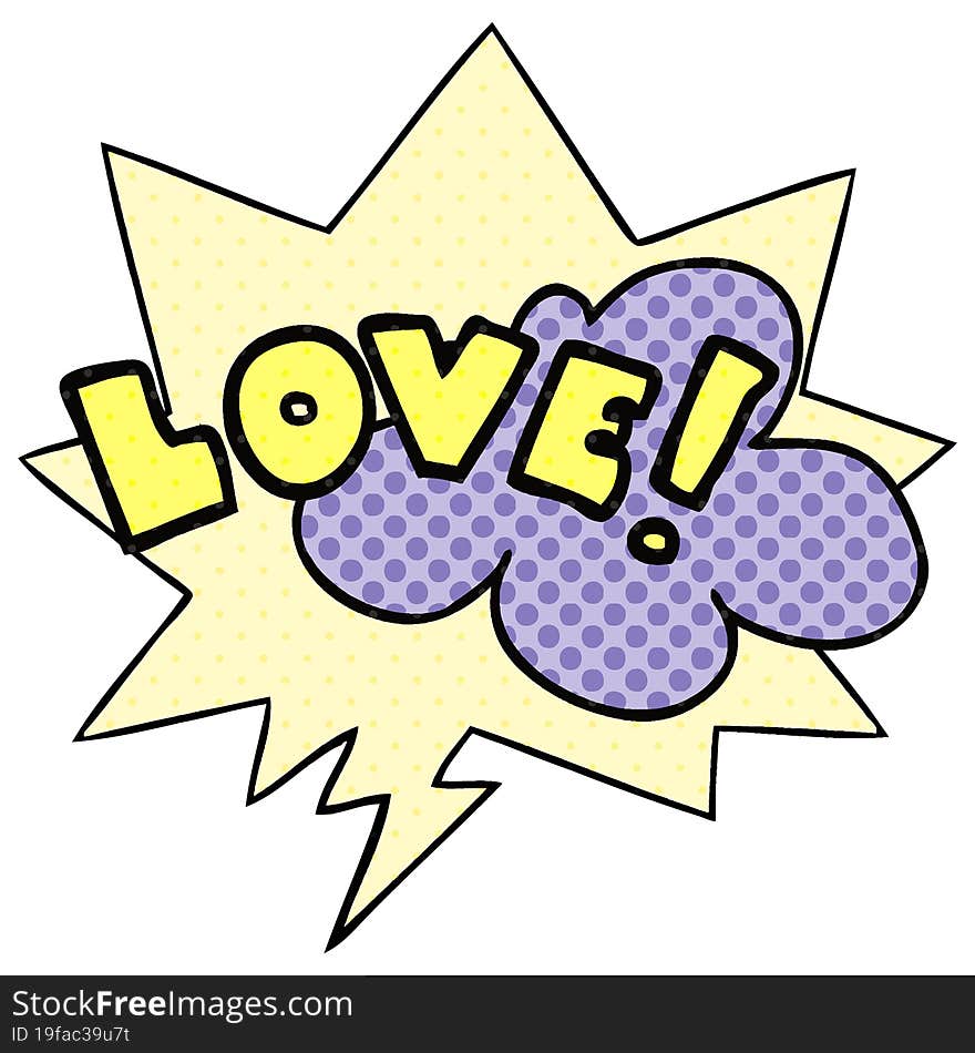 Cartoon Word Love And Speech Bubble In Comic Book Style