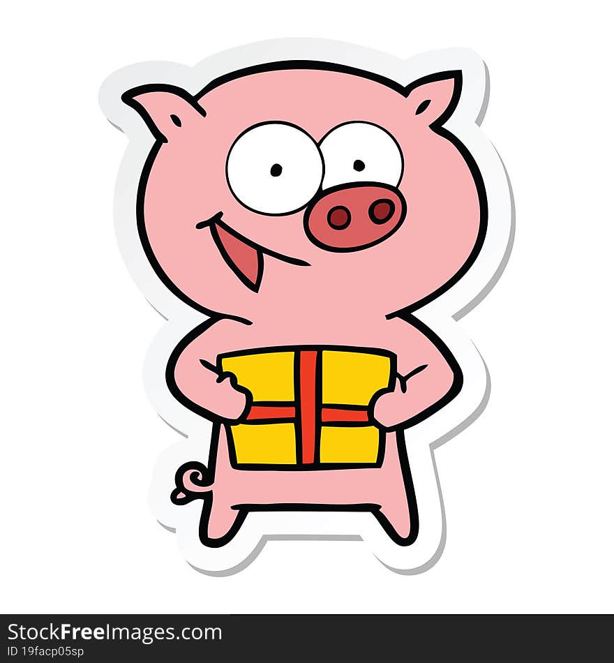 sticker of a cheerful pig with christmas gift