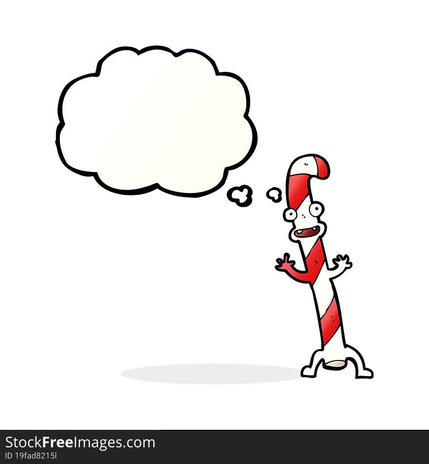 cartoon dancing christmas candy cane with thought bubble