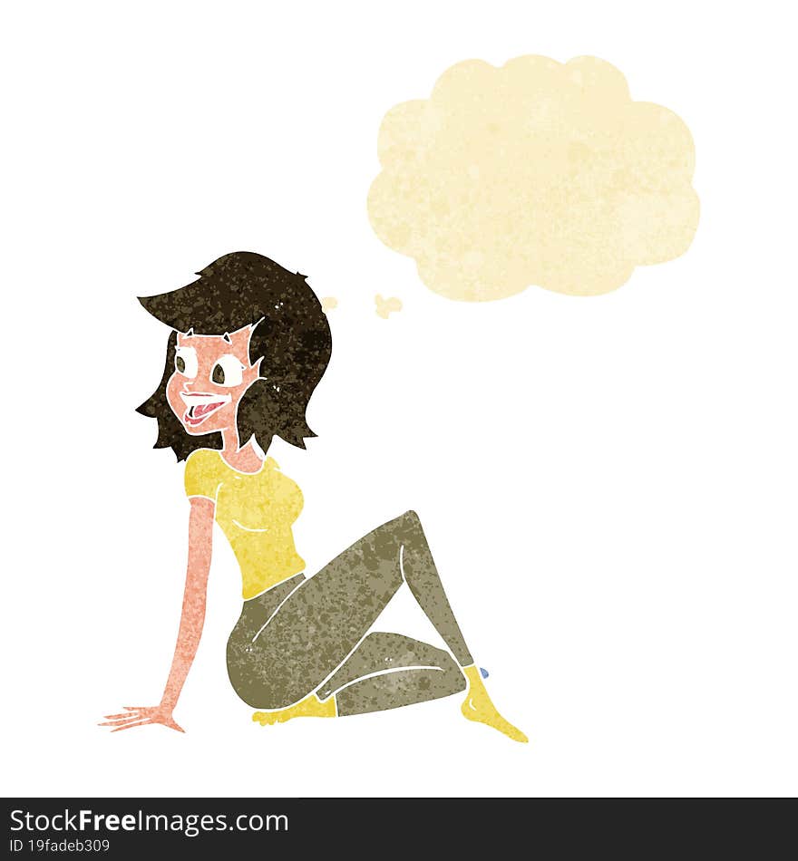 cartoon pretty woman looking happy with thought bubble