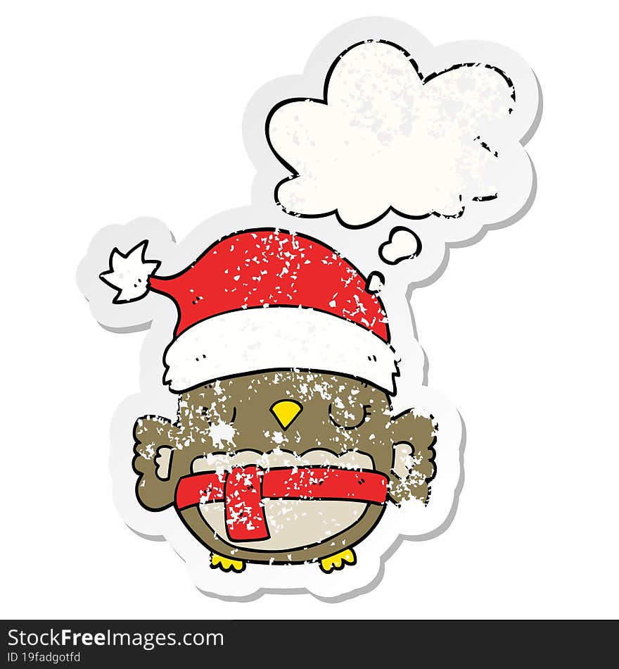 cute christmas owl and thought bubble as a distressed worn sticker