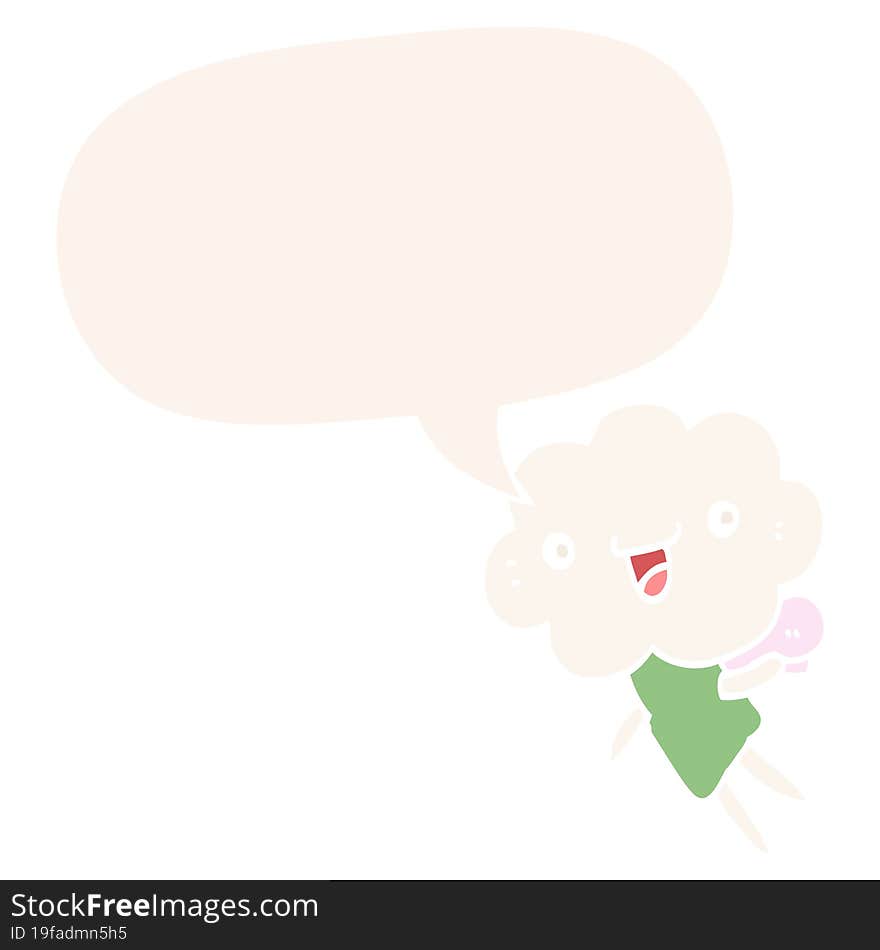 cartoon cloud head creature and speech bubble in retro style