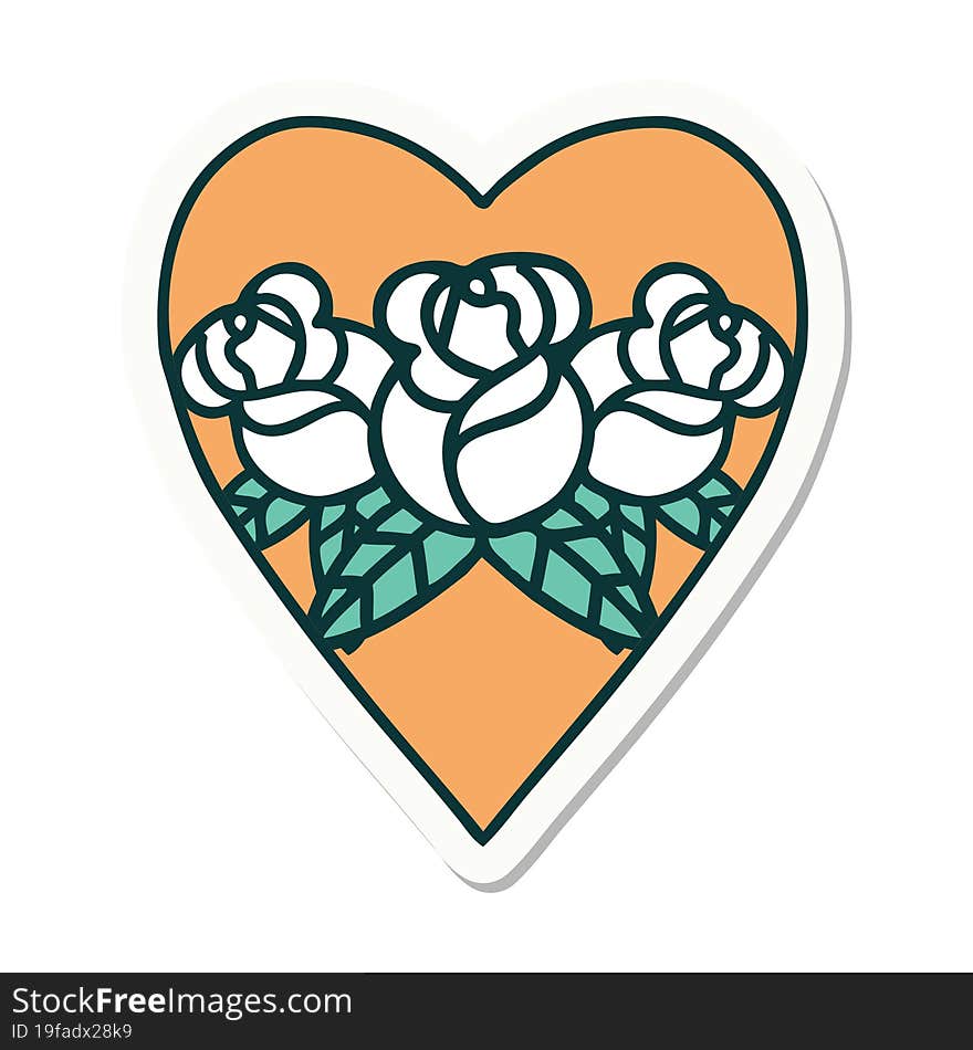 sticker of tattoo in traditional style of a heart and flowers. sticker of tattoo in traditional style of a heart and flowers