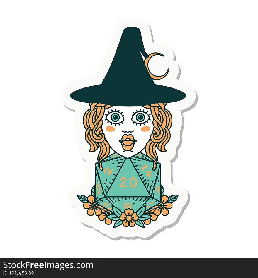 sticker of a human witch with natural twenty dice roll. sticker of a human witch with natural twenty dice roll