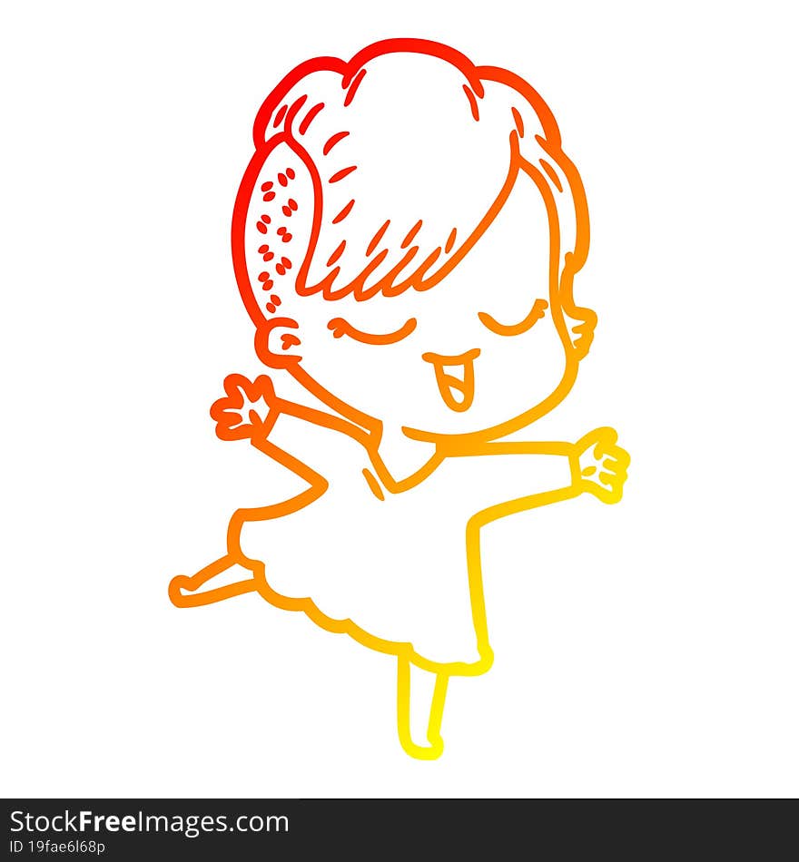 warm gradient line drawing of a happy cartoon girl dancing