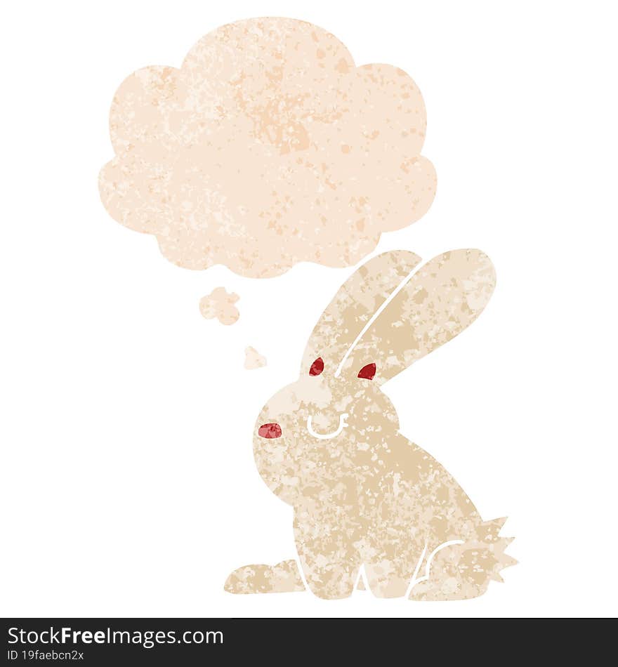 cartoon rabbit and thought bubble in retro textured style